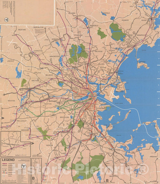 Historic Map : Greater Boston Transit Maps, MBTA System Route Map: Spring 1976 Railroad Catography , Vintage Wall Art