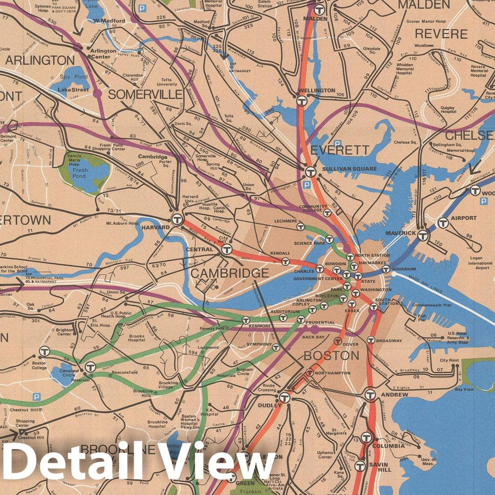 Historic Map : Greater Boston Transit Maps, MBTA System Route Map: Spring 1976 Railroad Catography , Vintage Wall Art