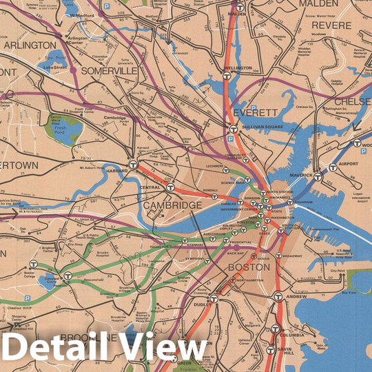 Historic Map : Greater Boston Transit Maps, MBTA System Route Map: Spring 1976 Railroad Catography , Vintage Wall Art