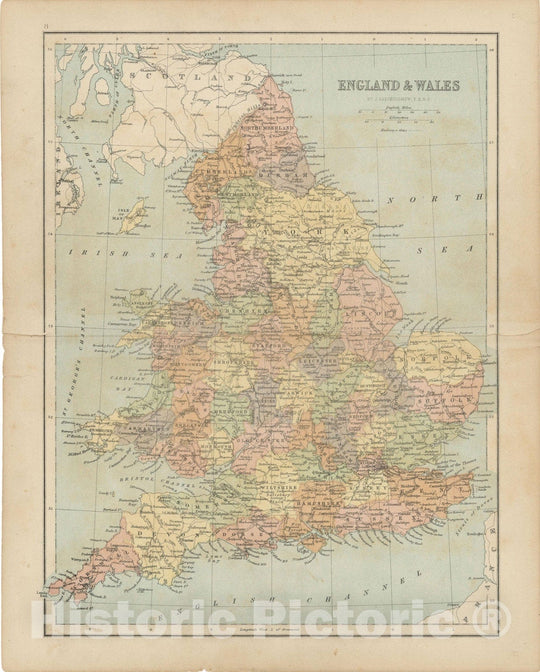 Historic Map : England & Wales 1875 , Student Atlas of Modern Geography , Vintage Wall Art