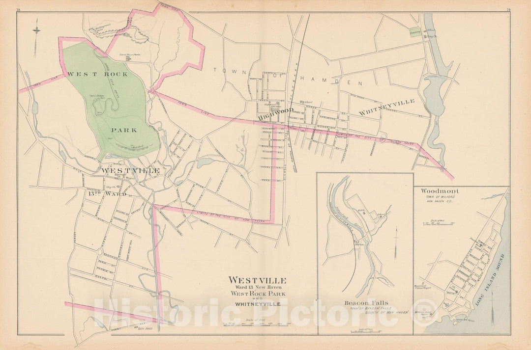 Historic Map : Beacon Falls & Milford & New Haven 1893 , Town and City Atlas State of Connecticut , Vintage Wall Art