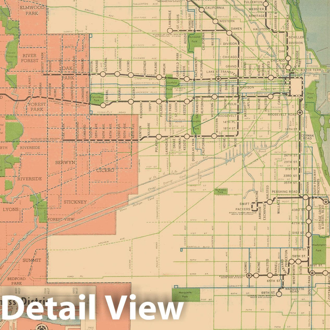 Historic Map : Chicago Transit Maps, Rapid Transit Lines 1942 Railroad Catography , Vintage Wall Art