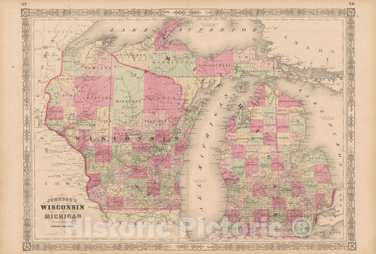 Historic Map : Michigan & Wisconsin 1865 , Johnson's Family Atlas , Vintage Wall Art