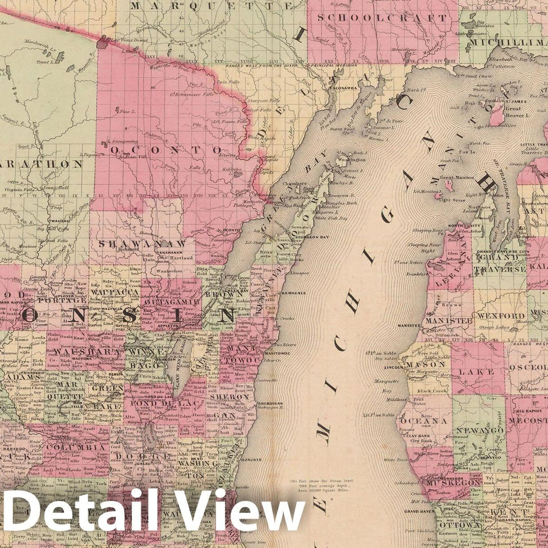 Historic Map : Michigan & Wisconsin 1865 , Johnson's Family Atlas , Vintage Wall Art