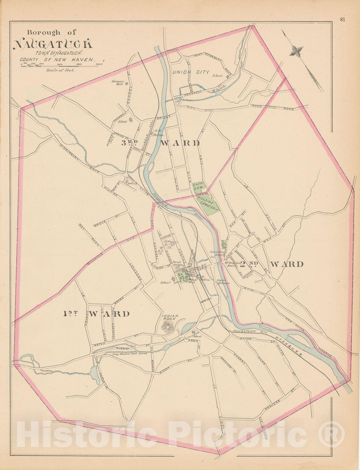 Historic Map : Naugatuck 1893 , Town and City Atlas State of Connecticut , Vintage Wall Art