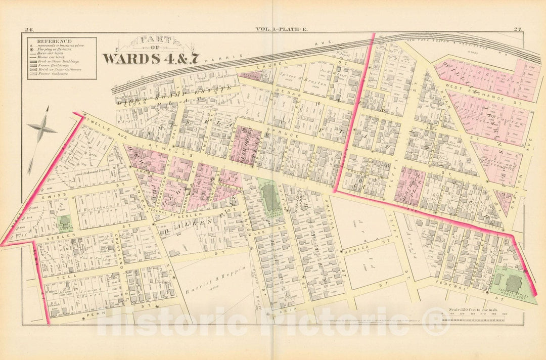 Historic Map : City Atlas of Providence Rhode Island by Wards, Volume III, Providence 1875 Plate E , Vintage Wall Art