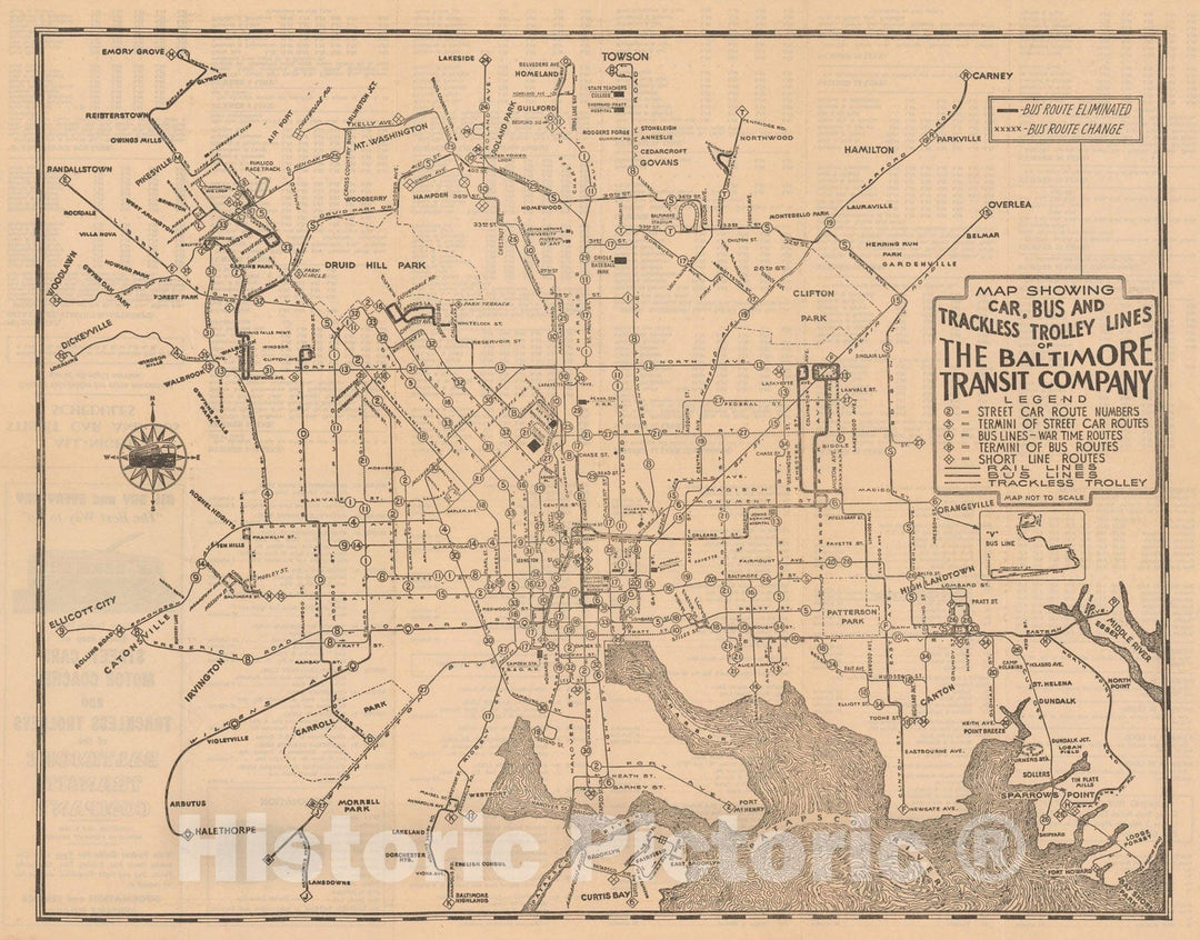 Historic Map : Baltimore Transit Map 1945 Railroad Catography , Vintage Wall Art