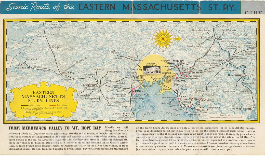 Historic Map : Eastern Mass. Street Railway Maps, Routes 1930 Transit Cartography , Vintage Wall Art