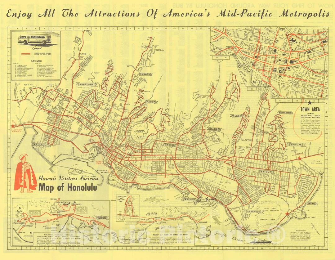 Historic Map : Honolulu 1960 , Vintage Wall Art