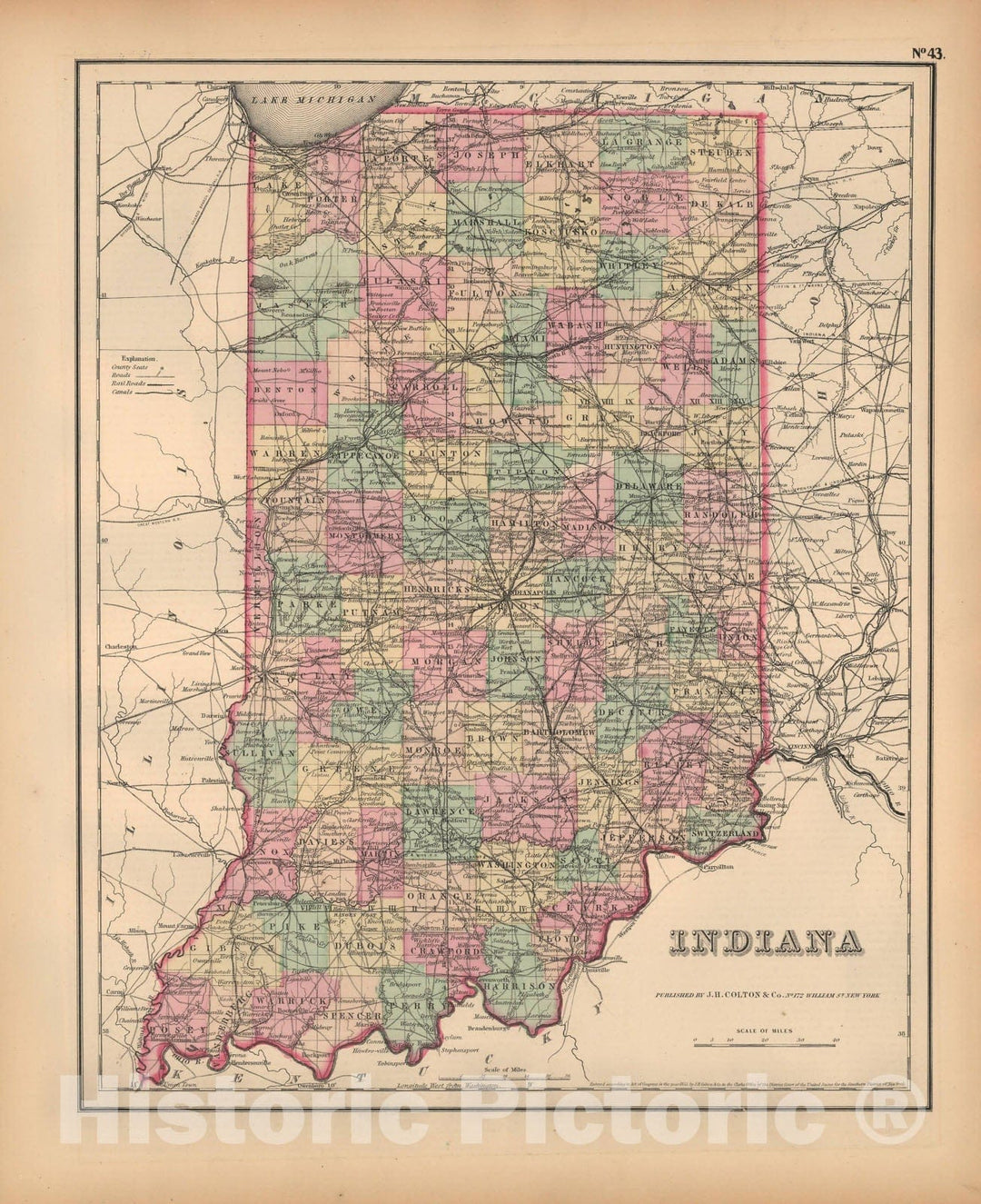 Historic Map : Indiana 1857 , General Atlas (Of The World) , Vintage Wall Art