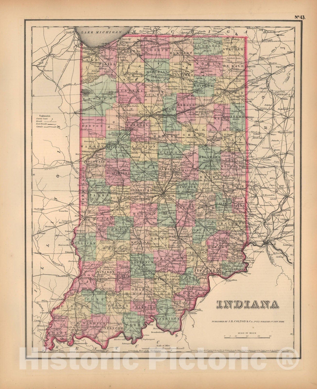 Historic Map : Indiana 1857 , General Atlas (Of The World) , Vintage Wall Art