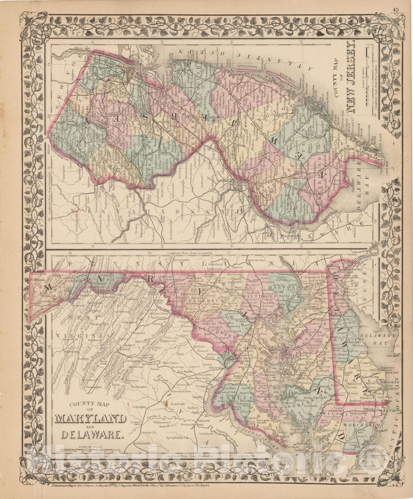 Historic Map : Atlas World, Delaware & Maryland & New Jersey 1877 , Vintage Wall Art