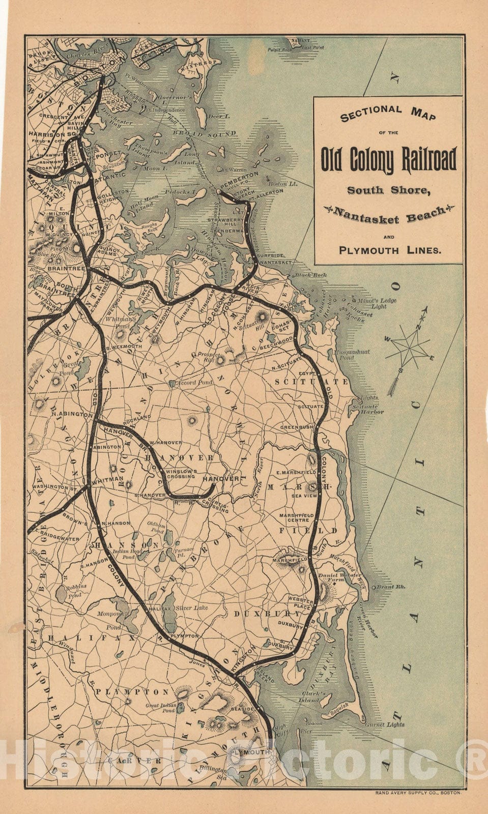 Historic Map : Old Colony Railroad Maps, Old Colony Railroad South Shore Map 1888 Transit Cartography , Vintage Wall Art