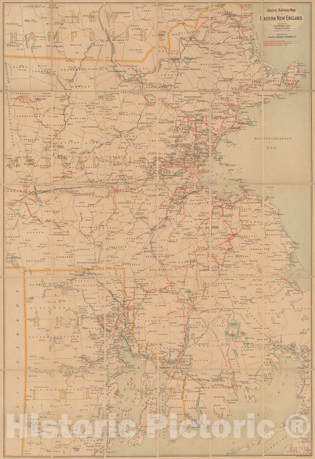 Historic Map : Rhode Island, Electric Railways in Eastern New England 1905 Transit Railroad Catography , Vintage Wall Art