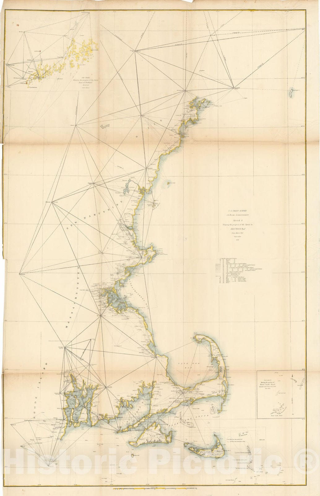 Historic Map : Coastal Charts - Rooney Collection, New England Coast 1852 Topographic Map , Vintage Wall Art