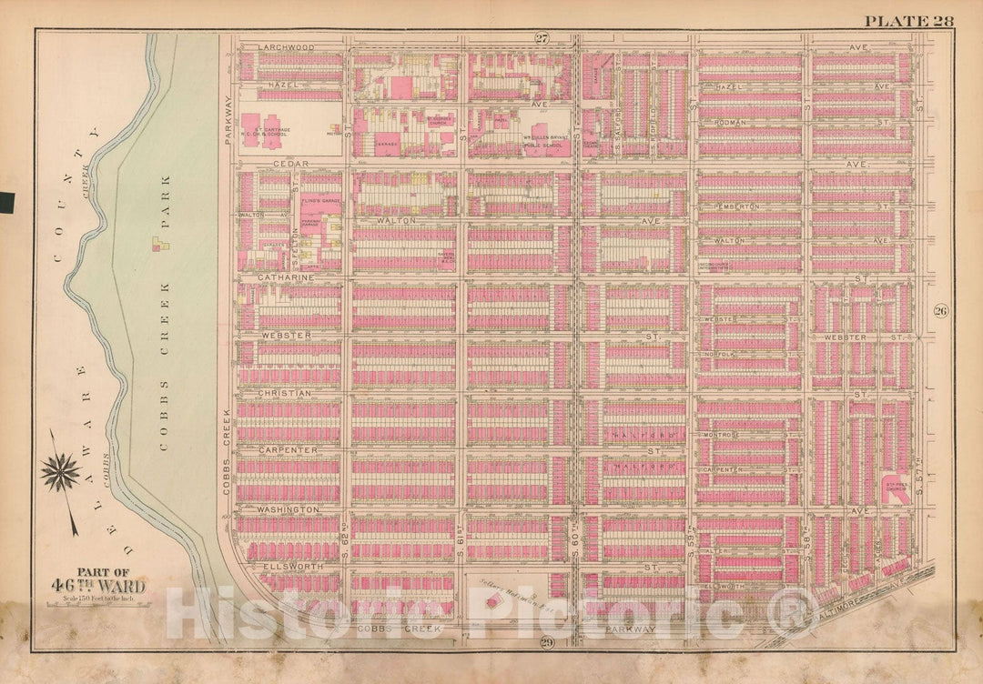 Historic Map : Atlas City of Philadelphia Wards 24,27,34,40,44&46 West Philadelphia, West Philadelphia 1927 Plate 028 , Vintage Wall Art