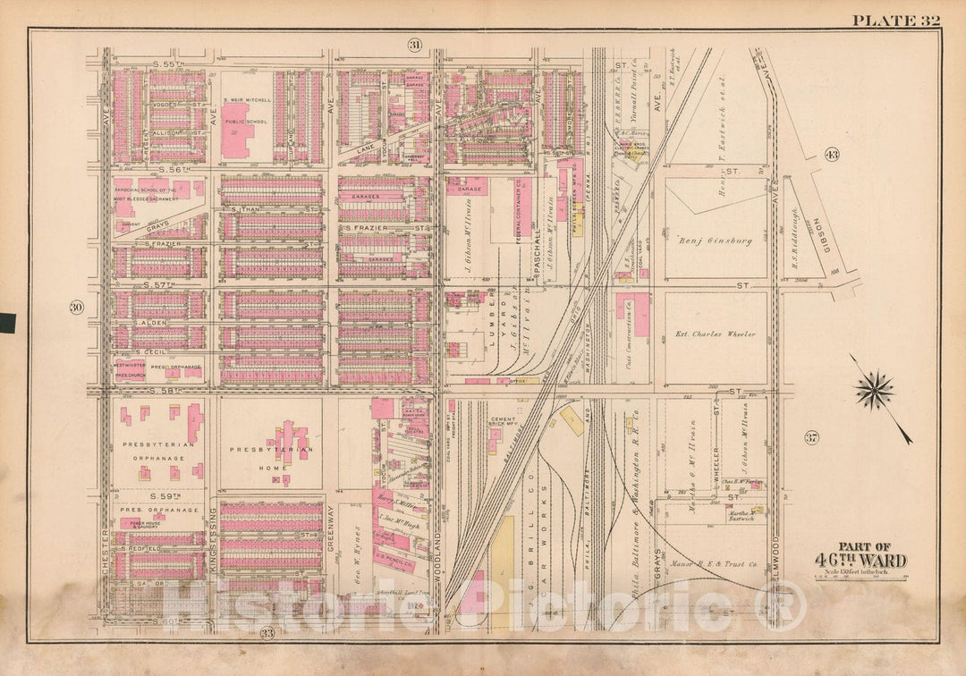 Historic Map : Atlas City of Philadelphia Wards 24,27,34,40,44&46 West Philadelphia, West Philadelphia 1927 Plate 032 , Vintage Wall Art