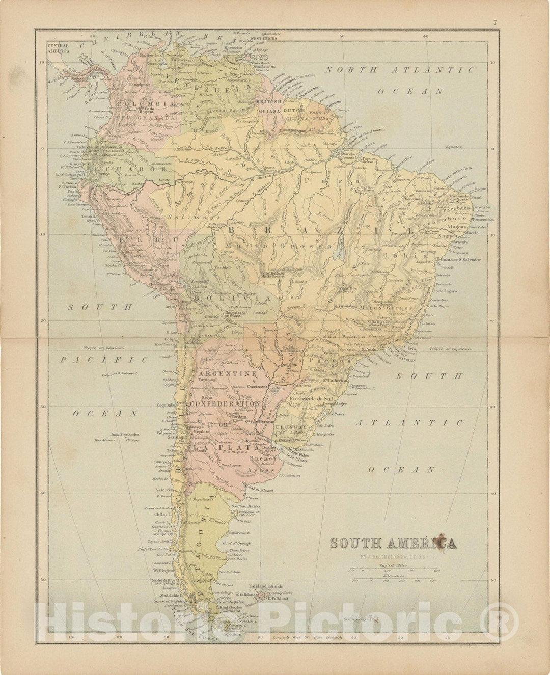 Historic Map : South America 1875 , Student Atlas of Modern Geography , Vintage Wall Art