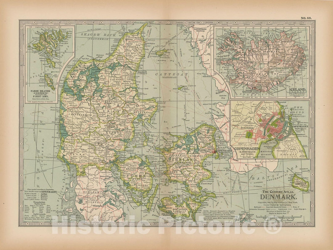 Historic Map : Iceland & Denmark 1897 , The Century Atlas World , Vintage Wall Art