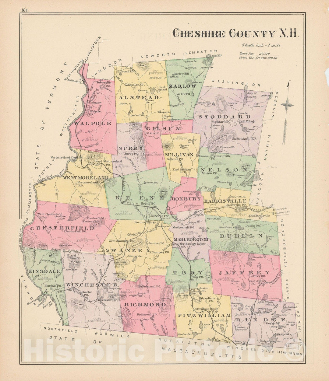 Historic Map : Cheshire 1892 , Town and City Atlas State of New Hampshire , Vintage Wall Art