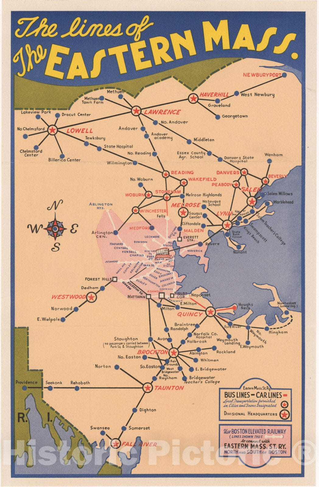 Historic Map : Greater Boston Transit Maps, The Lines of the Eastern Mass. Street Railway 1945 Railroad Catography , Vintage Wall Art