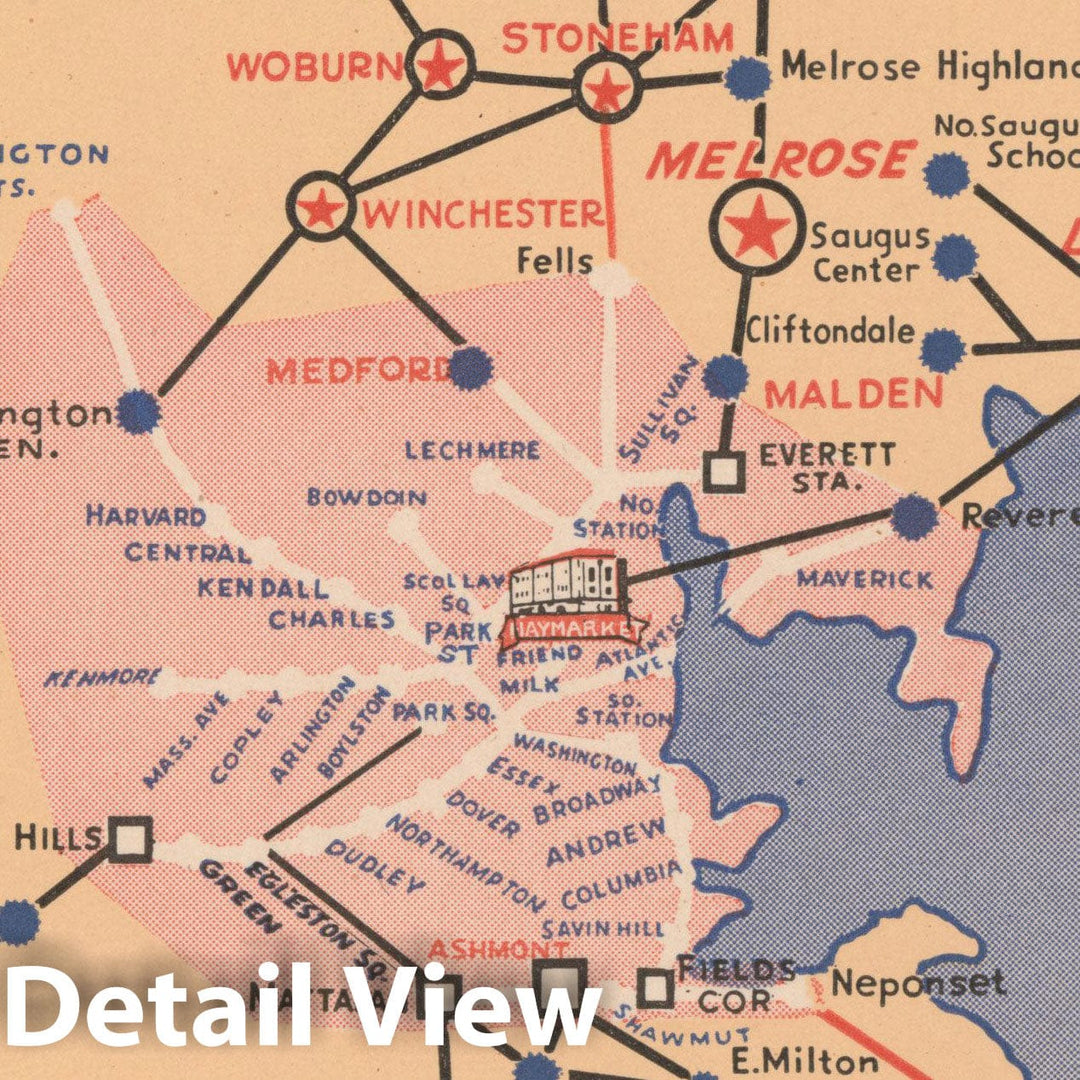 Historic Map : Greater Boston Transit Maps, The Lines of the Eastern Mass. Street Railway 1945 Railroad Catography , Vintage Wall Art