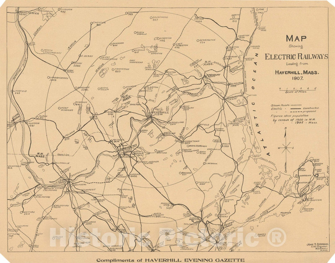 Historic Map : Electric Railways Leading from Haverhill, MA 1907 Transit Cartography , Vintage Wall Art