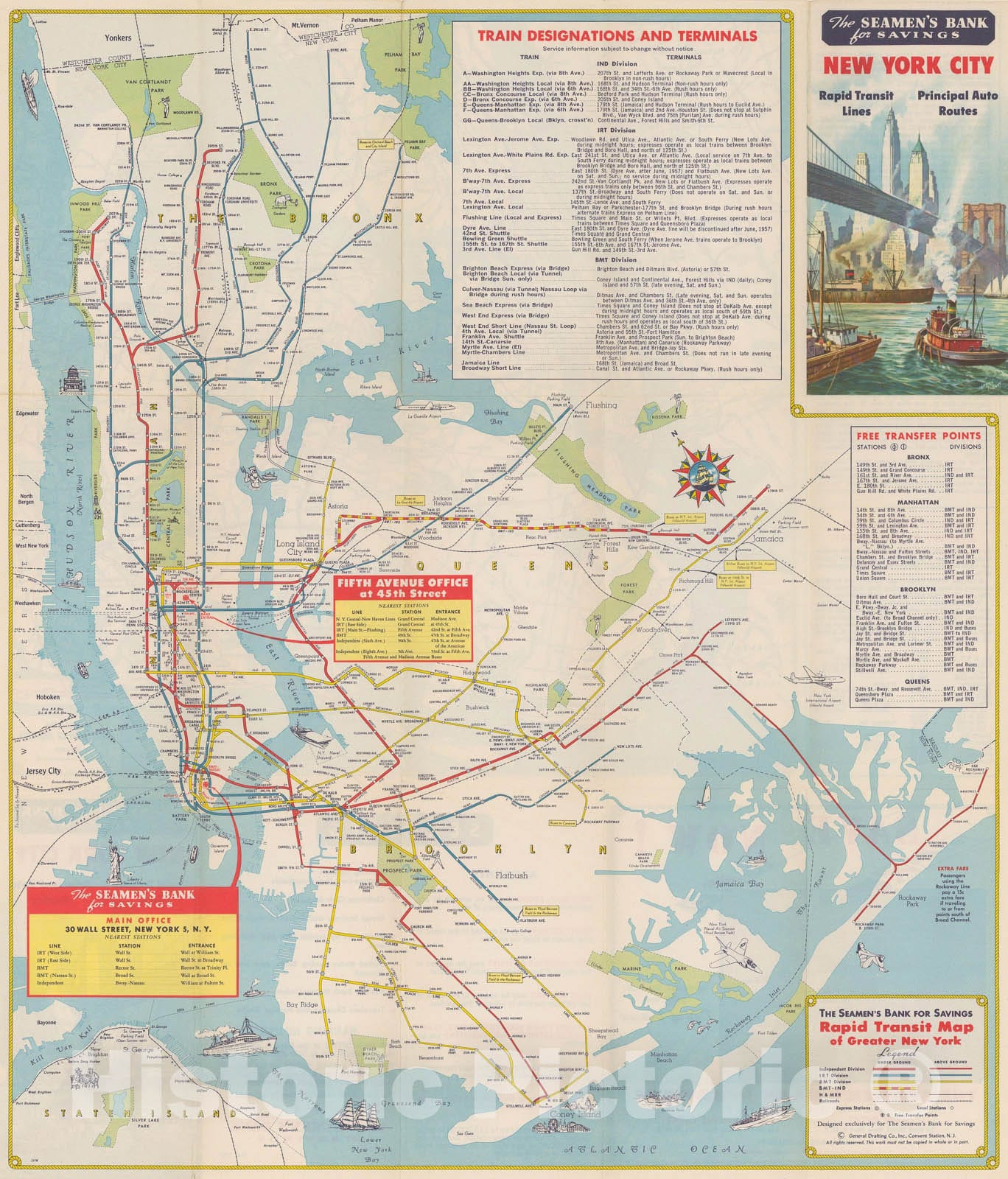 Historic Map : New York City Transit Maps, Rapid Transit Map of Greater New York 1957 Railroad Catography , Vintage Wall Art