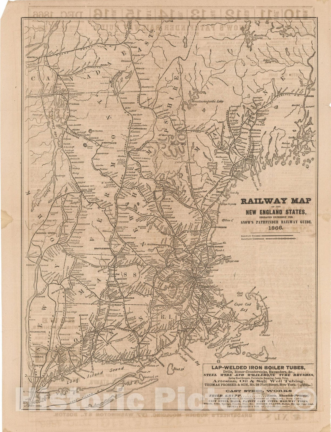 Historic Map : Snow's Railway Map of the New England States 1866 Transit Railroad Catography , Vintage Wall Art