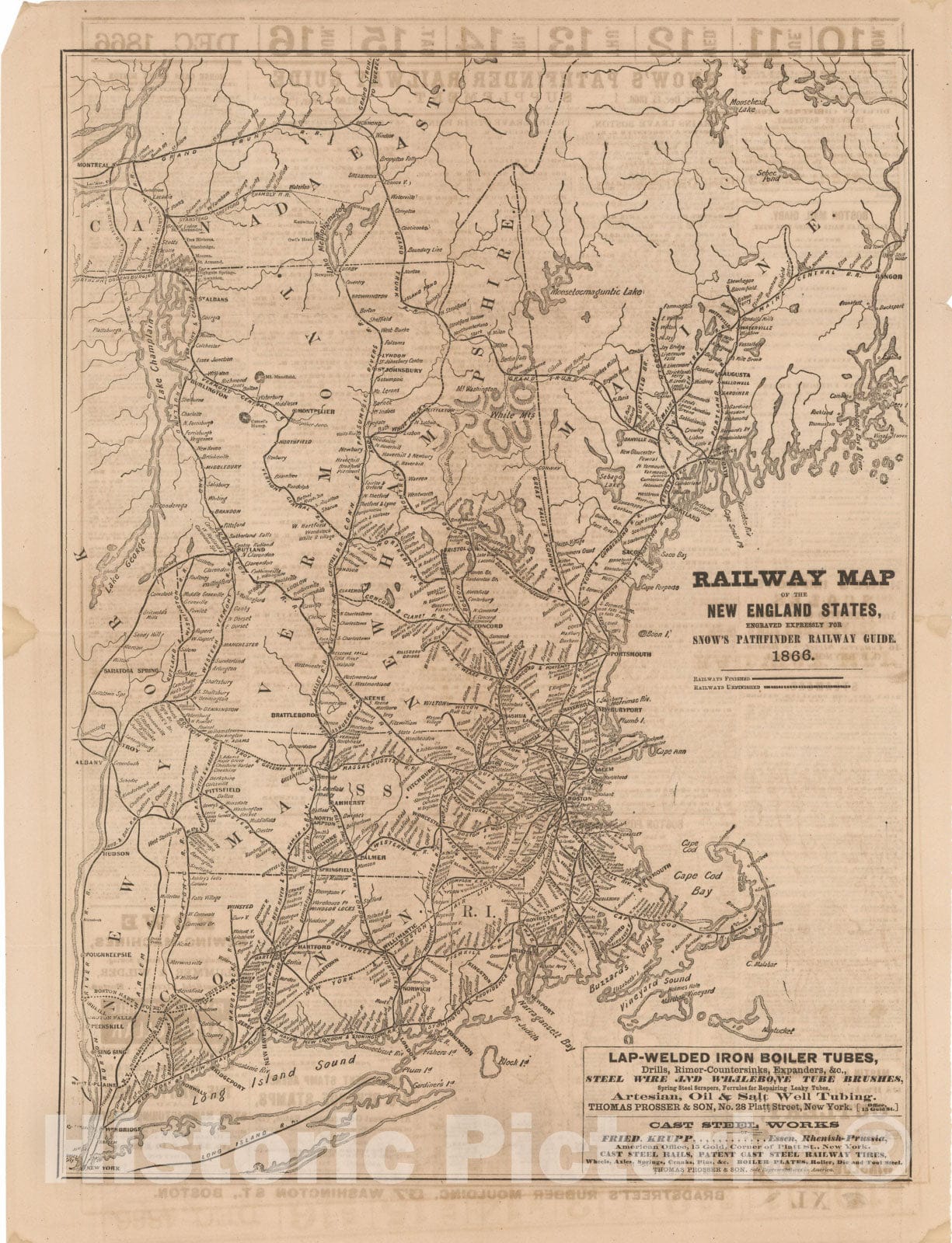 Historic Map : Snow's Railway Map of the New England States 1866 Transit Railroad Catography , Vintage Wall Art