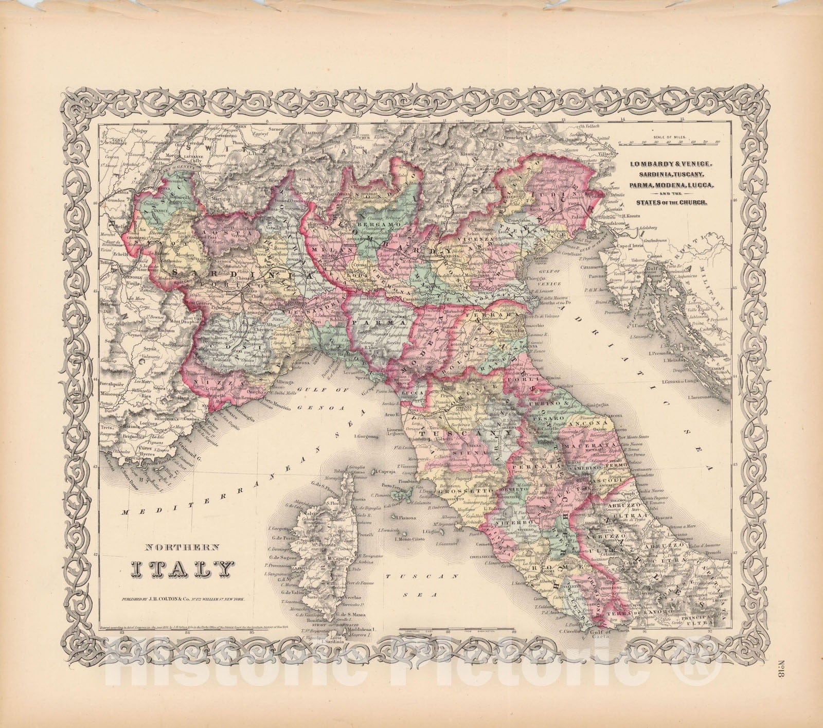 Historic Map : Italy 1856 , Colton's Atlas World , v2, Vintage Wall Art