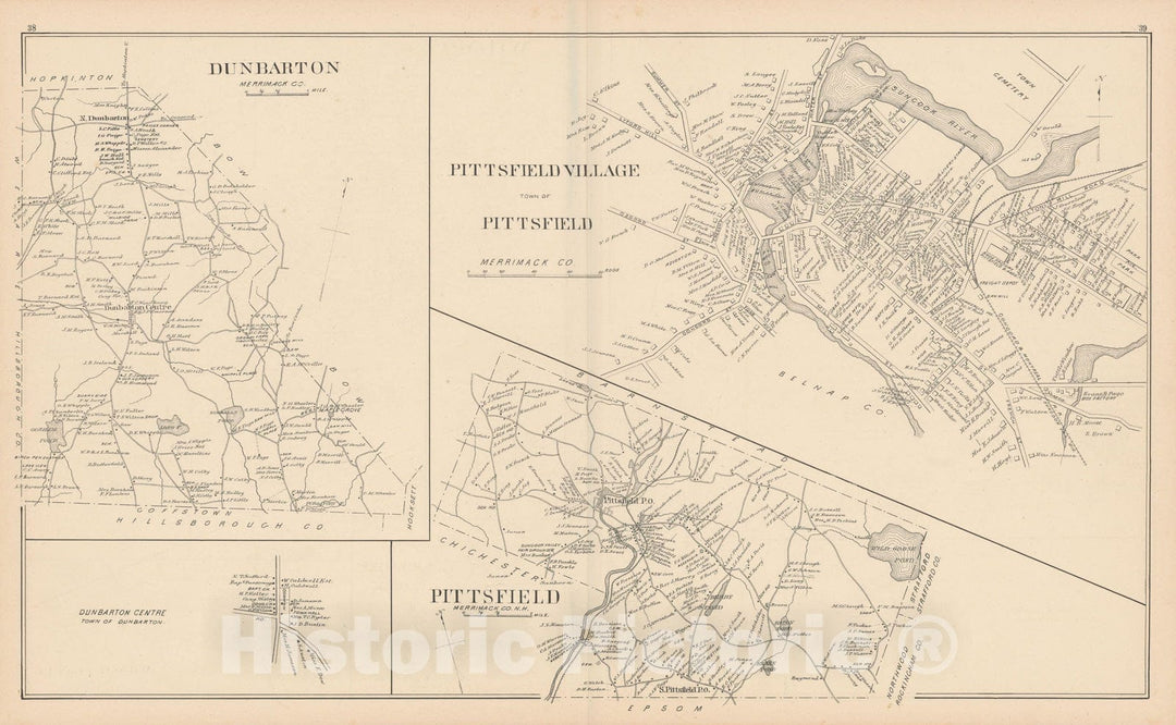 Historic Map : Dunbarton & Pittsfield 1892 , Town and City Atlas State of New Hampshire , Vintage Wall Art