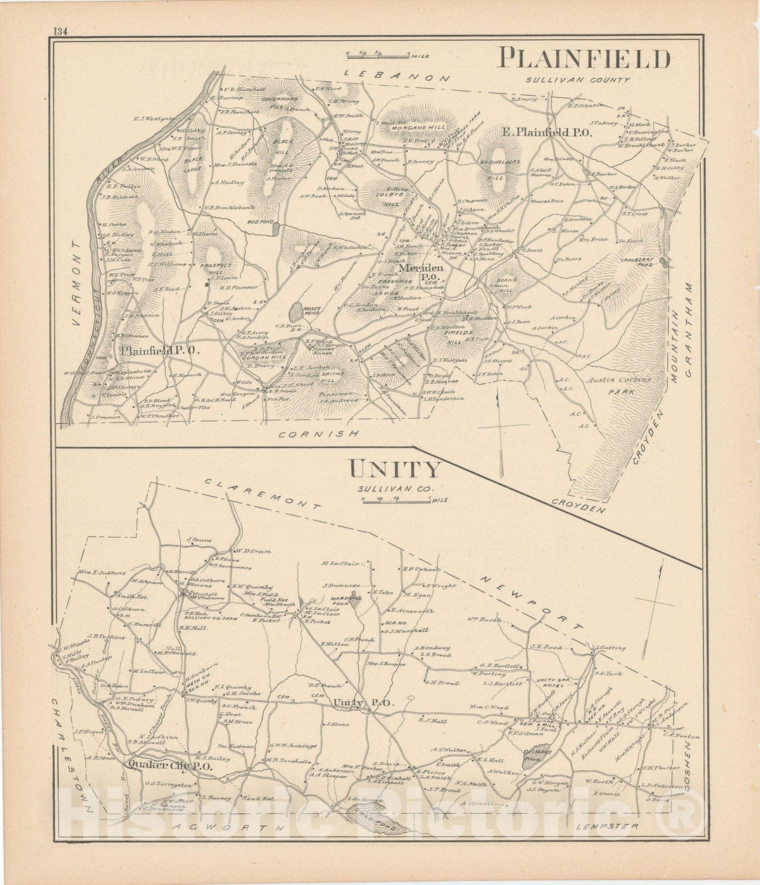 Historic Map : Plainfield & Unity 1892 , Town and City Atlas State of New Hampshire , Vintage Wall Art