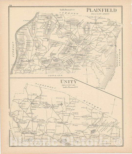 Historic Map : Plainfield & Unity 1892 , Town and City Atlas State of New Hampshire , Vintage Wall Art