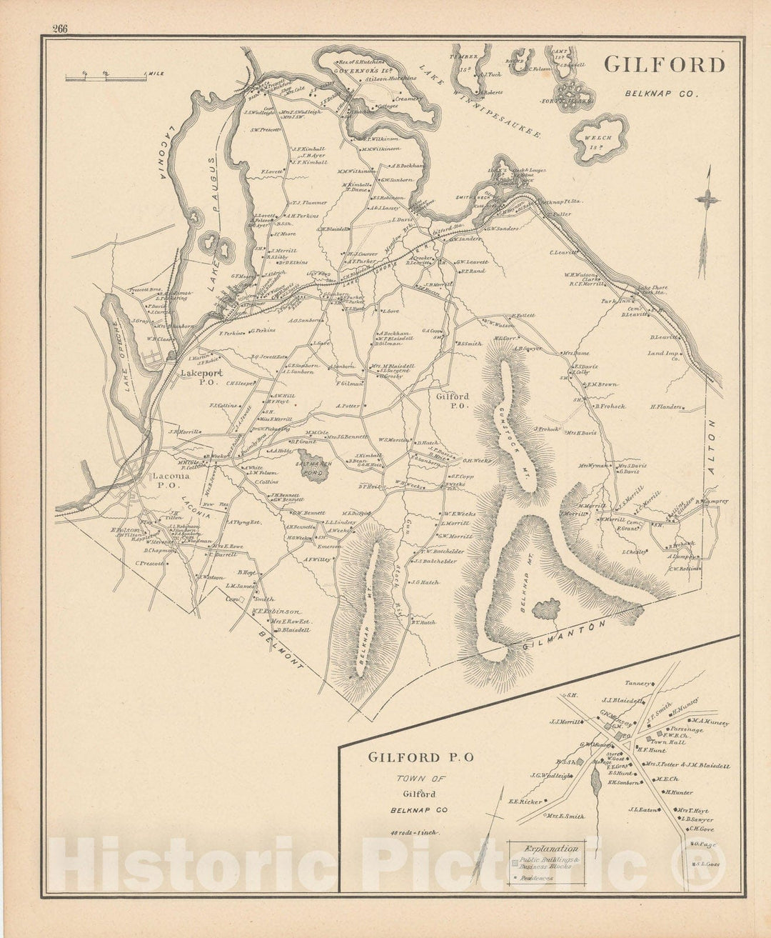 Historic Map : Gilford 1892 , Town and City Atlas State of New Hampshire , v2, Vintage Wall Art