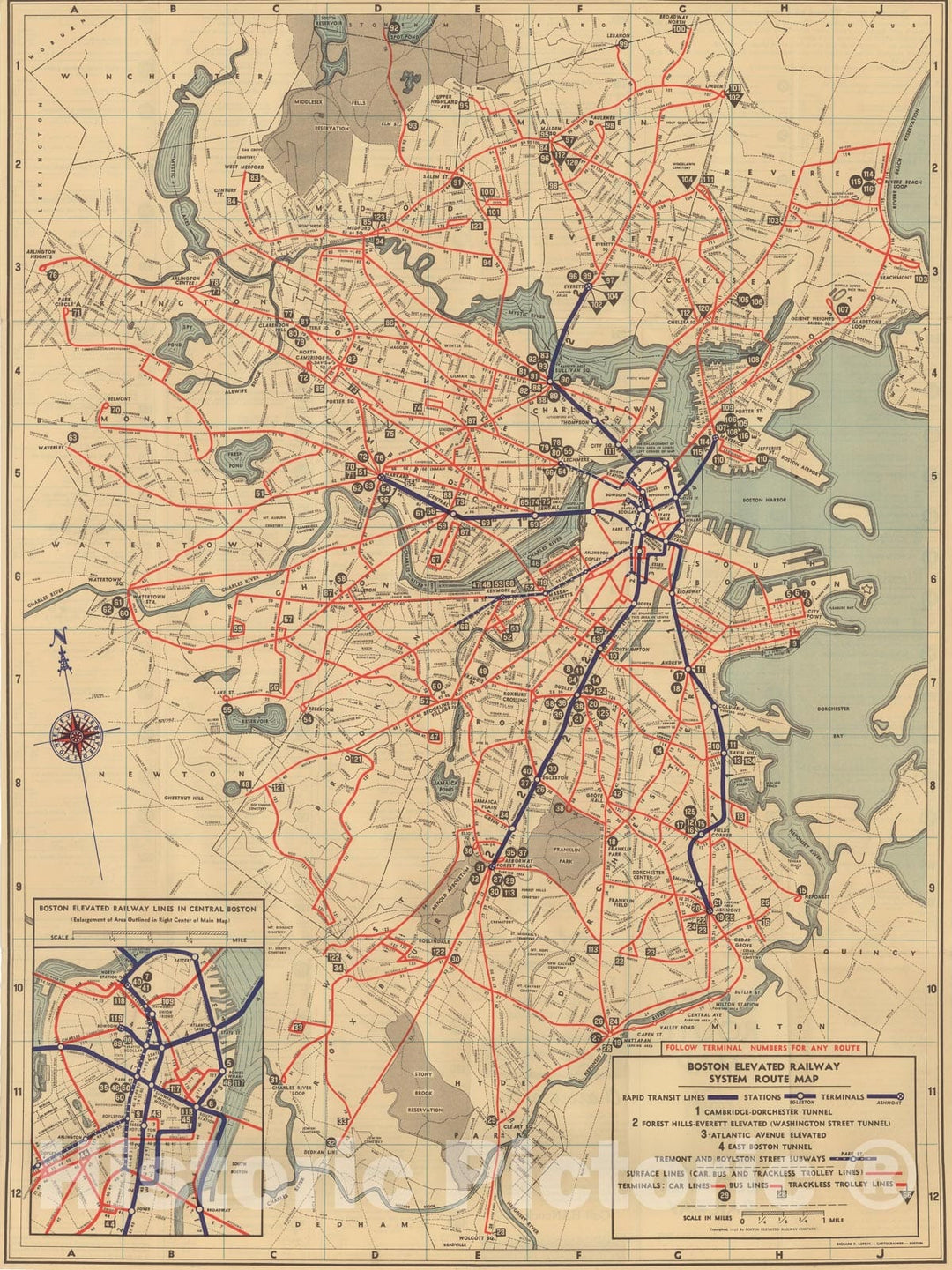 Historic Map : Greater Boston Transit Maps, Boston Elevated Railway System Route Map No. 2 1937 Railroad Catography , Vintage Wall Art