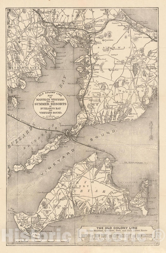 Historic Map : Old Colony Railroad Maps, Martha's Vineyard & Summer Resorts 1888 Transit Cartography , Vintage Wall Art