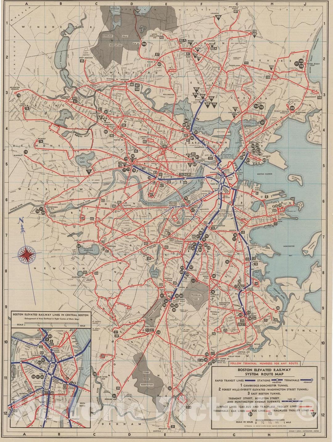 Historic Map : Greater Boston Transit Maps, Boston Elevated Railway System Route Map No. 6 1943 Railroad Catography , Vintage Wall Art