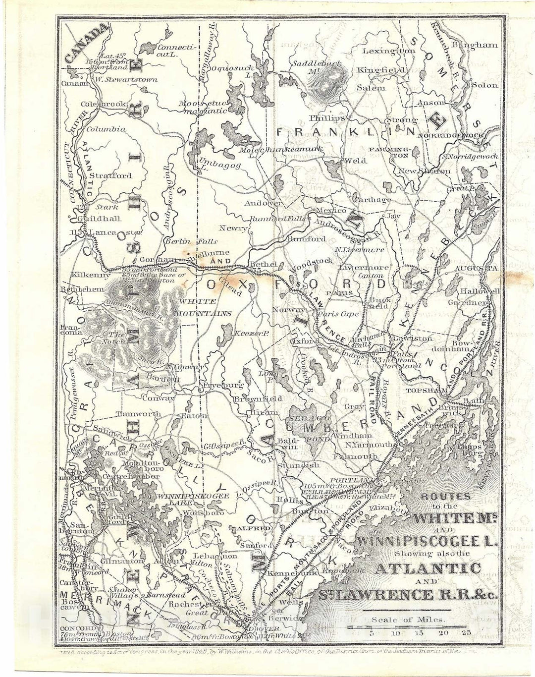 Historic Map : Railroad Maps of the United States, Southern Maine, Southern NH 1848 , Vintage Wall Art