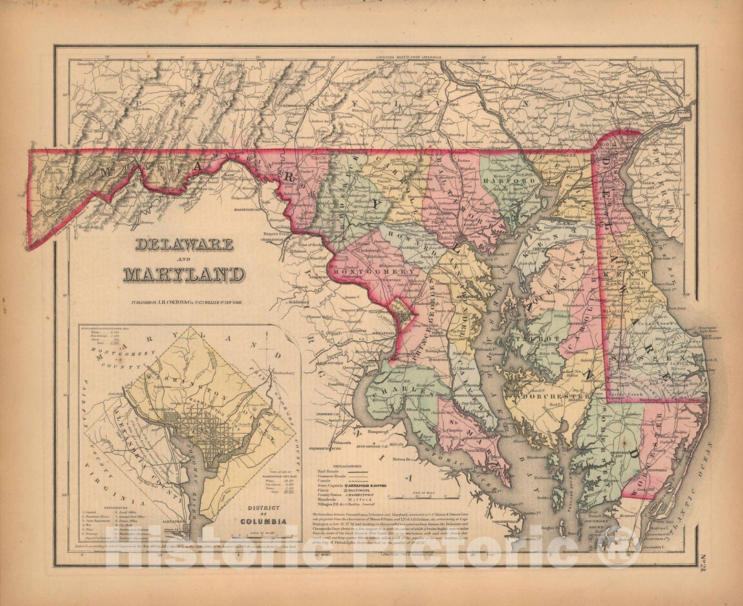 Historic Map : Delaware & Maryland 1857 , General Atlas (Of The World) , Vintage Wall Art