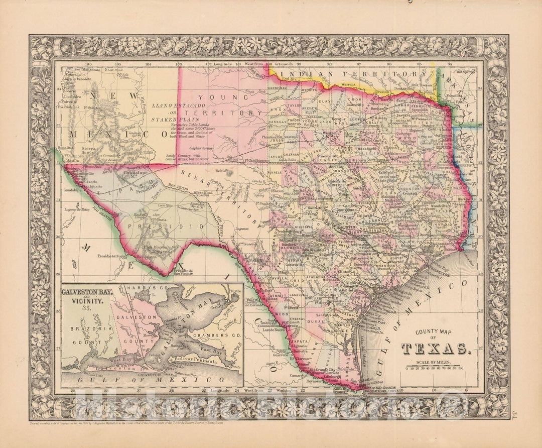 Historic Map : Texas 1864 , New General (World) Atlas , Vintage Wall Art