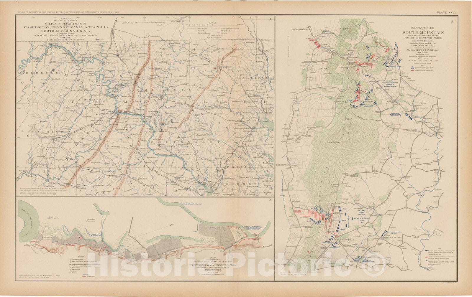 Historic Map : Civil War Atlas of the Union and Confederate Armies, Battles in MD, MS & PA 1895 , Vintage Wall Art