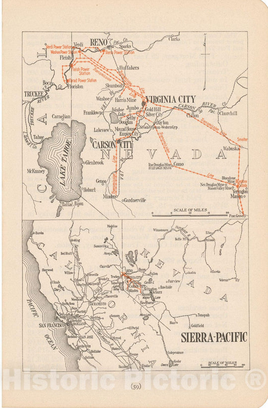 Historic Map : Sierra-Pacific 1914 , North American Electric Power and Traction Companies , Vintage Wall Art