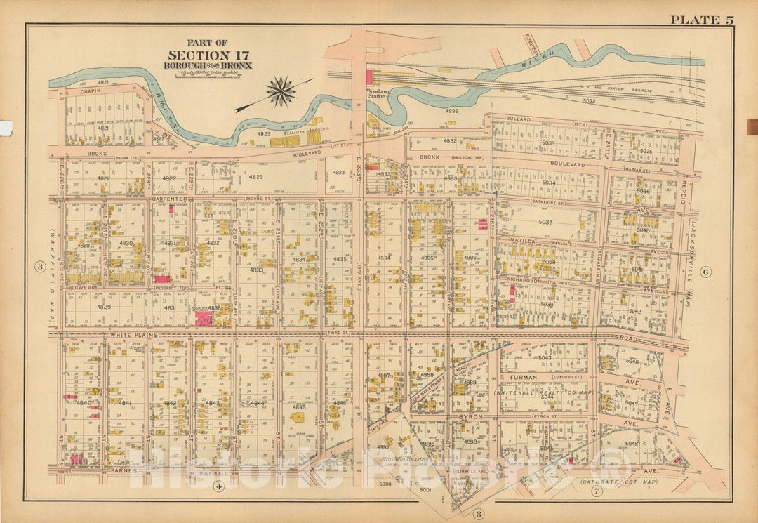 Historic Map : Atlas City of NY, Borough of The Bronx, Annexed District, The Bronx 1913 Plate 005 , Vintage Wall Art