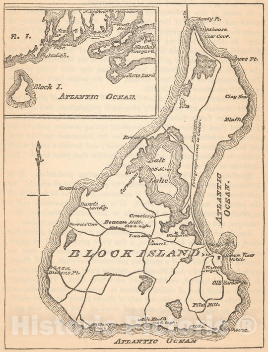 Historic Map : New England, Block Island 1890 , Vintage Wall Art