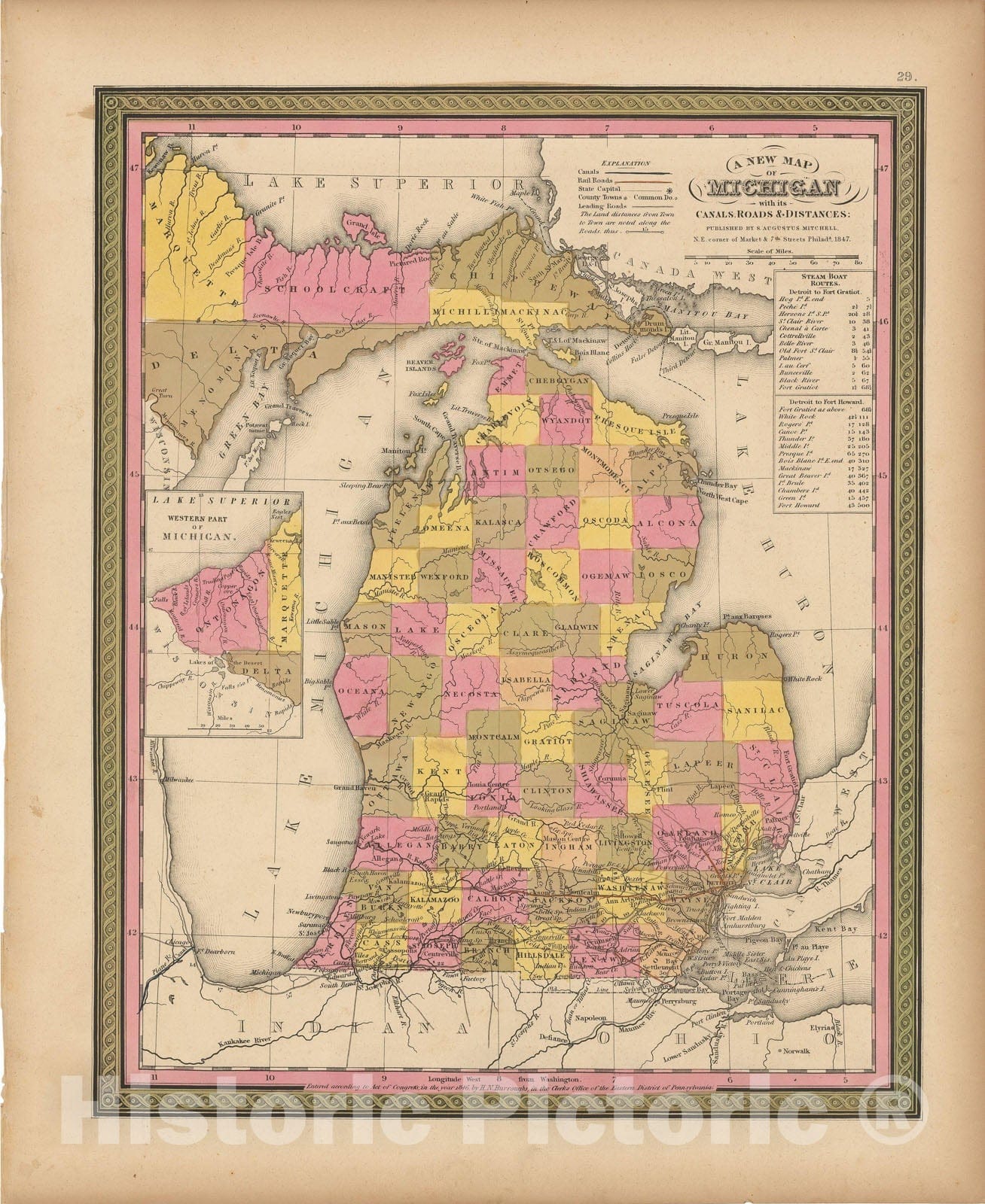 Historic Map : Michigan 1847 , A New Universal Atlas of the World , Vintage Wall Art