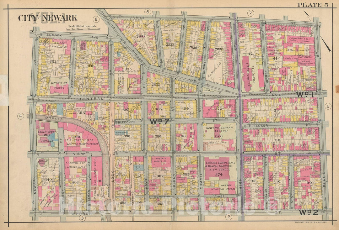 Historic Map : Atlas of Newark, Volume 1, Newark 1911 Plate 005 , Vintage Wall Art