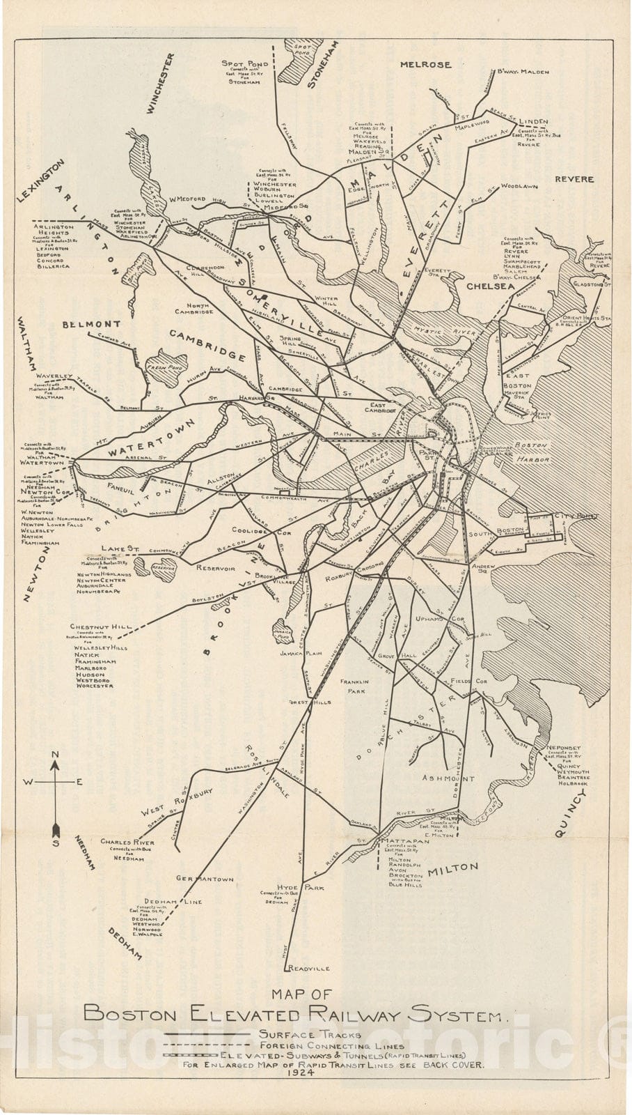 Historic Map : Greater Boston Transit Maps, Boston Elevated Railway System 1924 Railroad Catography , Vintage Wall Art