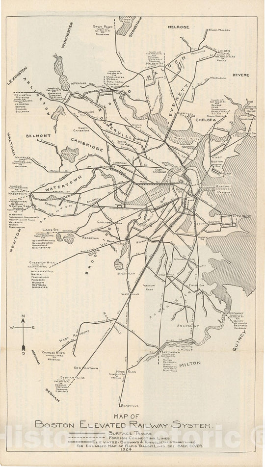 Historic Map : Greater Boston Transit Maps, Boston Elevated Railway System 1924 Railroad Catography , Vintage Wall Art