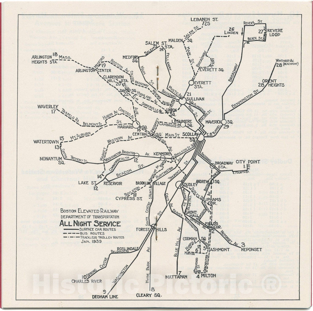 Historic Map : Greater Boston Transit Maps, Boston Elevated Railway Night Service Map 1939 Railroad Catography , Vintage Wall Art